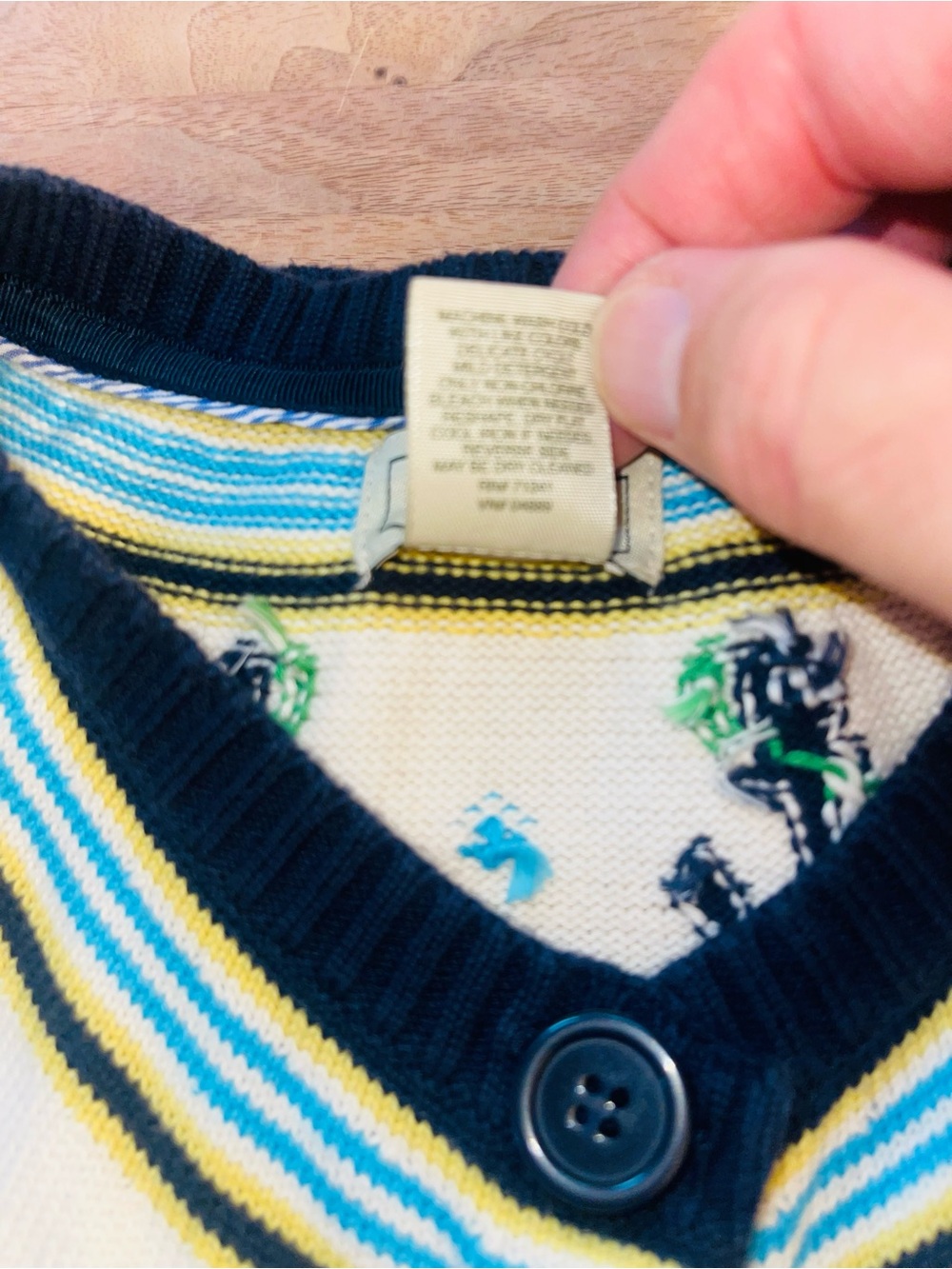 L.L. Bean Vintage Navy Cream & Yellow Knit Cardigan with Anchor | Coastal | L - Picture 2 of 9